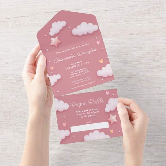 Invitation Tout En Un Nuages roses Bonjour Baby shower (Déchirure)