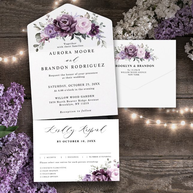 Invitation Tout En Un Nuances de pourpre Dusty fleurs Moody Floral Maria (Créateur téléchargé)