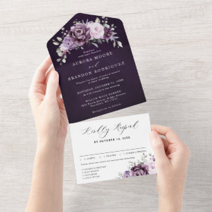 Invitation Tout En Un Nuances de pourpre Dusty fleurs Moody Floral Maria