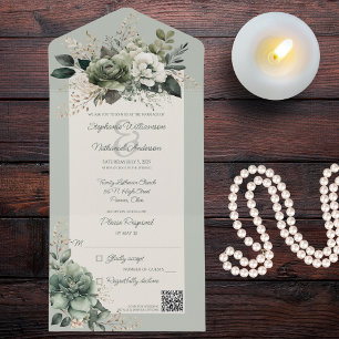 Invitation Tout En Un Nuances de vert Floral QR Code