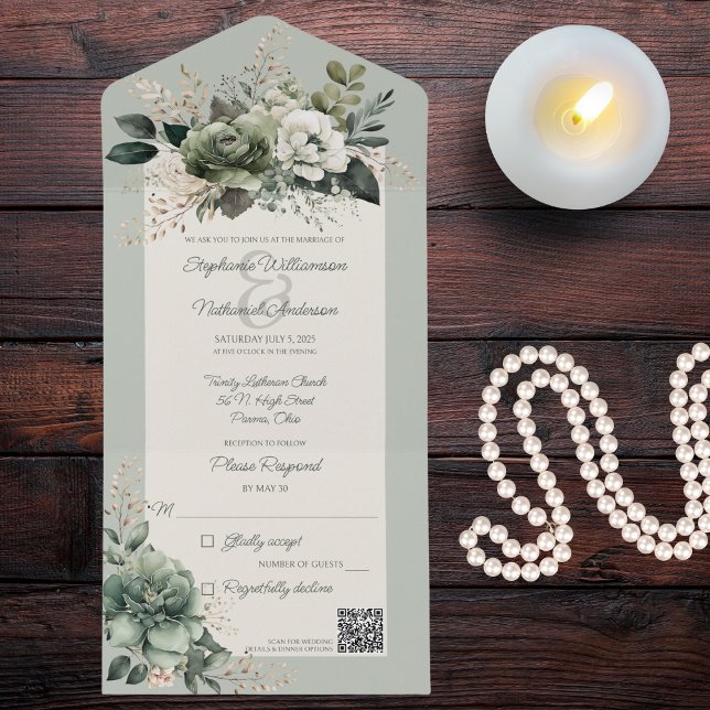 Invitation Tout En Un Nuances de vert Floral QR Code (Créateur téléchargé)