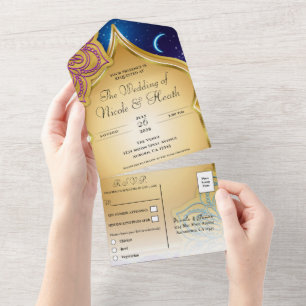 Invitation Tout En Un Nuits arabes de lune bleue Glam Or Violet Mariage
