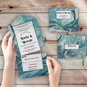 Invitation Tout En Un Ocean Blue Waves moderne Pastel Mariage Abstrait