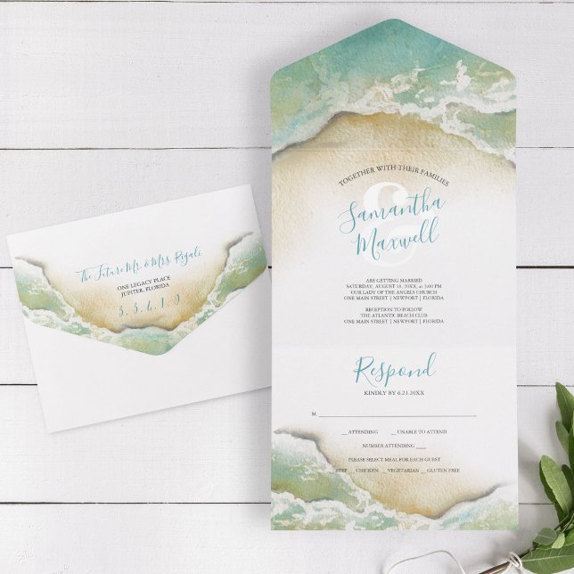 Invitation Tout En Un Ocean Waves Blue Aquarelle Tout en un (Watercolor ocean wedding invitations feature beach art by Victoria Grigaliunas Do Tell A Belle)
