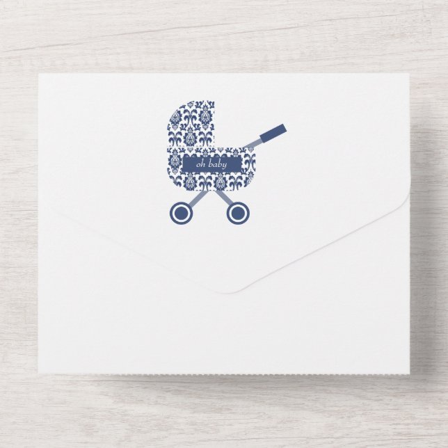 Invitation Tout En Un Oh Baby Navy Damask Pram Baby shower (Verso)