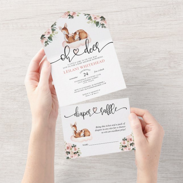 Invitation Tout En Un Oh Deer Baby shower aquarelle Floral (Déchirure)