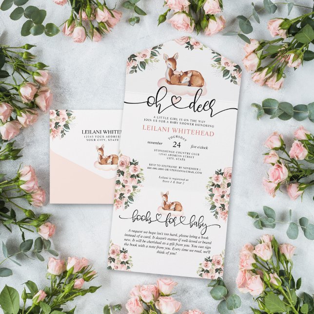 Invitation Tout En Un Oh Deer Baby shower Floral Livres (Oh deer watercolor pink floral baby shower all in one invitation with a books for baby card attached)