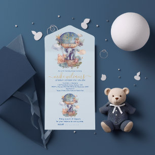 Invitation Tout En Un Oh garçon bleu aquarelle baby shower d'éléphant