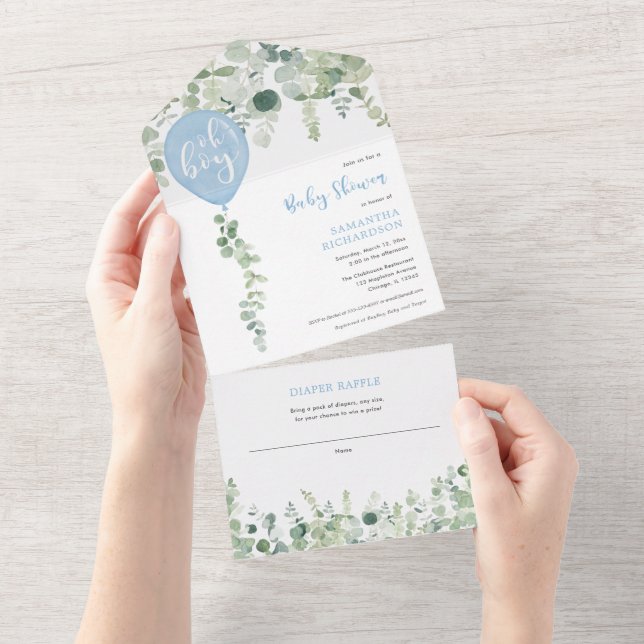 Invitation Tout En Un Oh garçon bleu ballons vert moderne baby shower a (Déchirure)