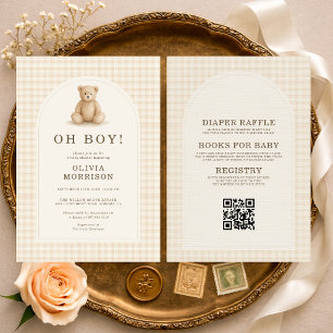 Invitation Tout en Un Oh Garçon Gingham Ourson Baby Shower
