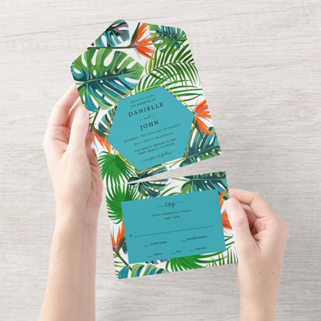 Invitation Tout En Un Oiseau de feuilles tropicales de Paradise Beach Ma (Déchirure)