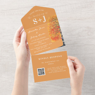 Invitation Tout En Un Oiseau élégant automne QR Code Mariage RSVP
