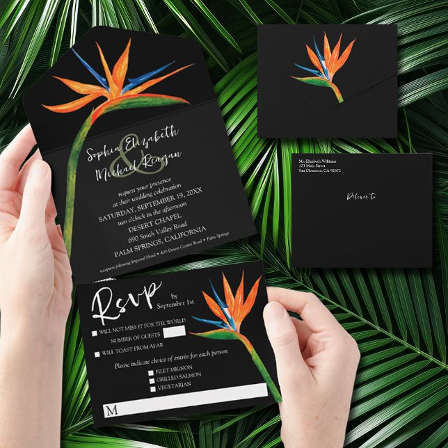 Invitation Tout En Un Oiseau tropical du Paradis Mariage (All in one wedding invitation with tear off RSVP card and guest's mailing address space on the front)