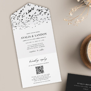 Invitation Tout En Un Oiseaux élégants Mariage noir et blanc Code QR
