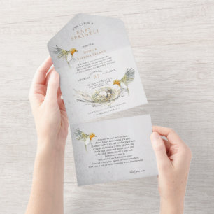 Invitation Tout En Un Oiseaux rustiques et eau de nid Bébé saupoudrer