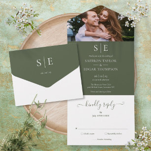 Invitation Tout En Un Olive Green Élégant Monogramme Mariage photo