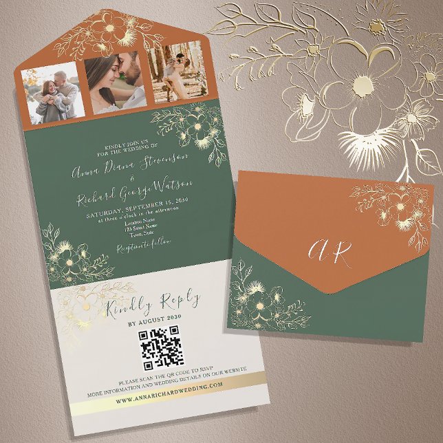 Invitation Tout En Un Olive Green et Terracotta Mariage Floral (Créateur téléchargé)