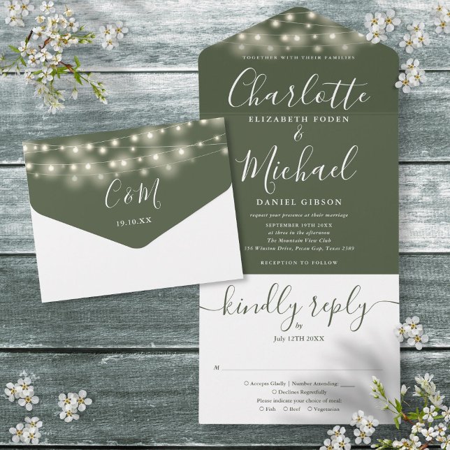 Invitation Tout En Un Olive Green String Lights Élégant Mariage de scrip (Olive Green String Lights Elegant Script Wedding All In One Invitation)