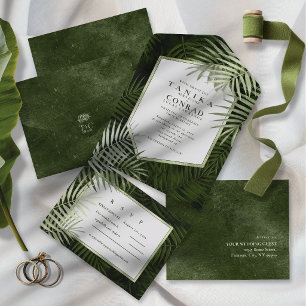 Invitation Tout En Un Olive Oasis Motif Feuille de Palmier Blanc Slate I