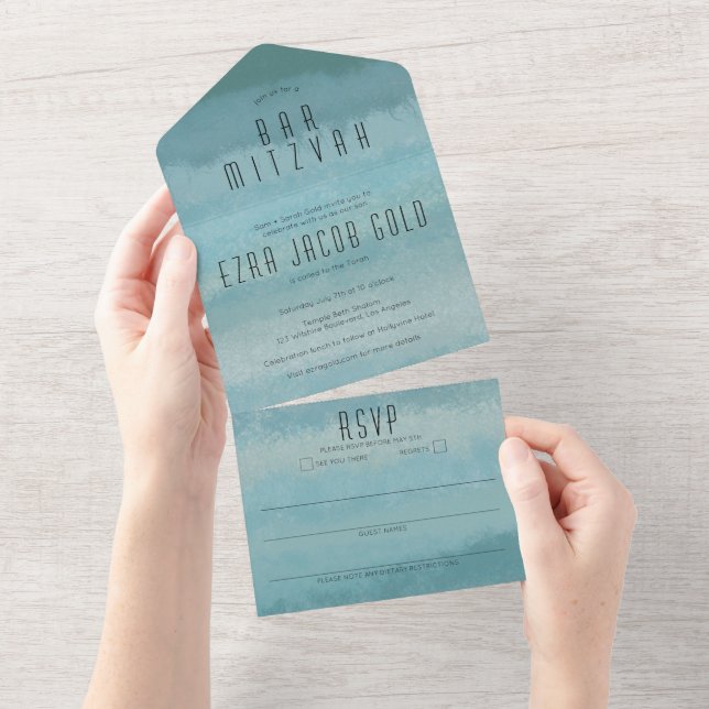 Invitation Tout En Un Ombre Bleu Mer Élégant BAR BAT PERSONNALISÉ MITZVA (Déchirure)