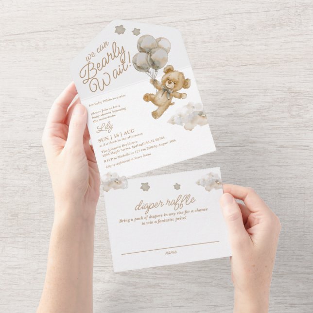 Invitation Tout En Un On Peut Attendre Teddy Bear Baby shower Neutre (Déchirure)