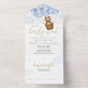 Invitation Tout En Un On Peut Attendre Teddy Bear Blue Boy Baby shower