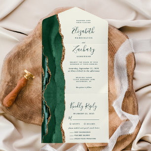 Invitation Tout En Un Options de repas de mariage vert émeraude or ivoir