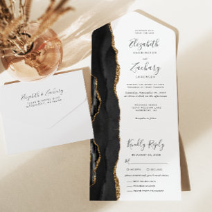 Invitation Tout En Un Options de repas en agate d'or noir Mariage
