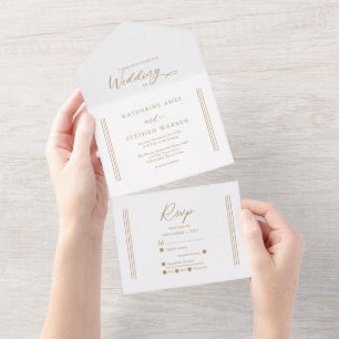 Invitation Tout En Un Or antique moderne Mariage minimaliste blanc