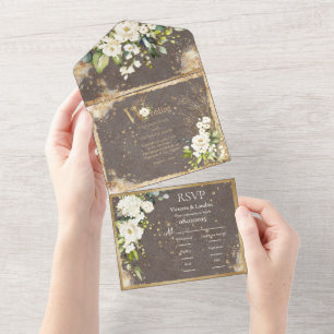 Invitation Tout En Un Or Blanc Floral Botanique Élégant Rustique