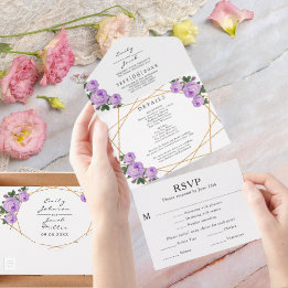 Invitation Tout En Un Or Pailleté Géométrique Fleurs Violettes Mariage R