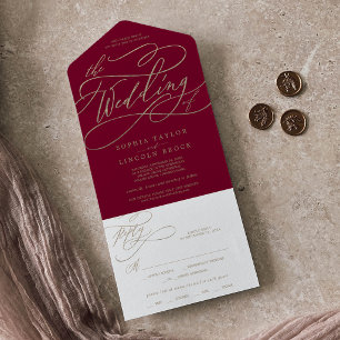 Invitation Tout En Un Or Romantique Calligraphié Bordeaux Le Mariage De