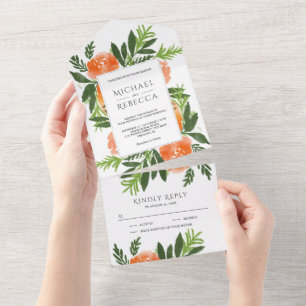 Invitation Tout En Un Orange Aquarelle Floral Garden Mariage de verdure