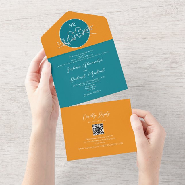 Invitation Tout En Un Orange moderne et Mariage Turquoise (Déchirure)