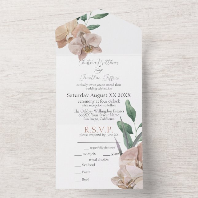 Invitation Tout En Un Orchidées romantiques aquarelles (À l'intérieur)