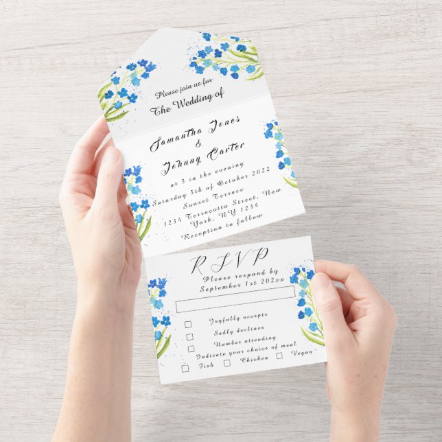 Invitation Tout En Un Oubliez-moi pas Spring Rustic Blue Flowers Mariage (Déchirure)