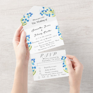 Invitation Tout En Un Oubliez-moi pas Spring Rustic Blue Flowers Mariage