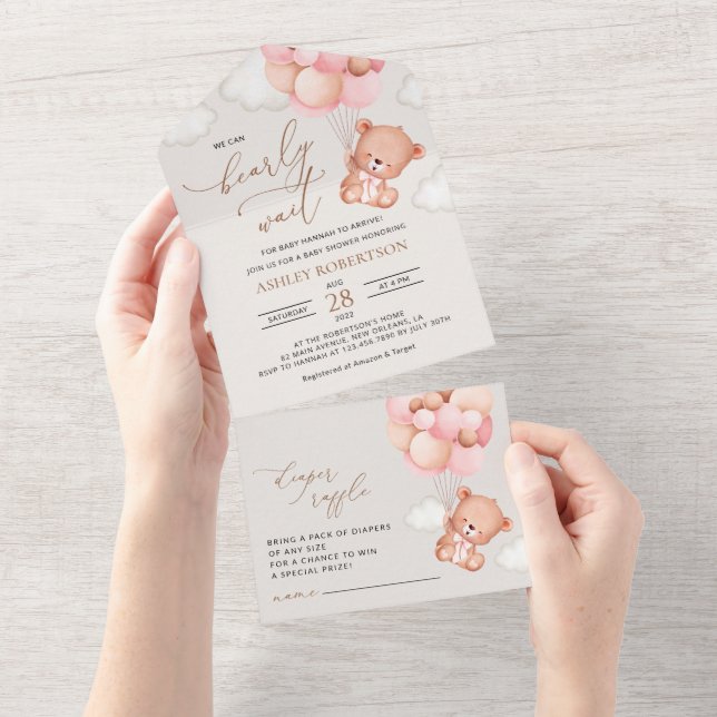 Invitation Tout En Un Ours De Bébé, Ours En Teddy, Ballons Roses, Baby s (Déchirure)