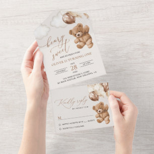 Invitation Tout En Un Ours En Joue, Ballons Brown, Premier Anniversaire