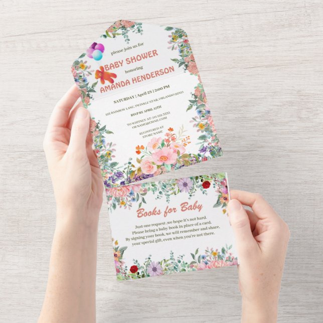 Invitation Tout En Un Ours mou en peluche avec baby shower floral à ball (Déchirure)