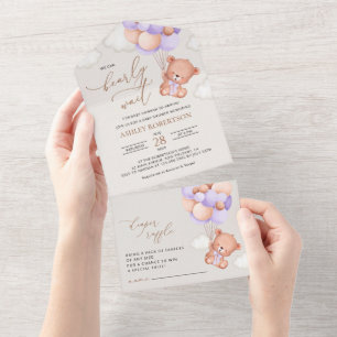 Invitation Tout En Un Ours, Ours mignon, Ballons pourpres, Baby shower