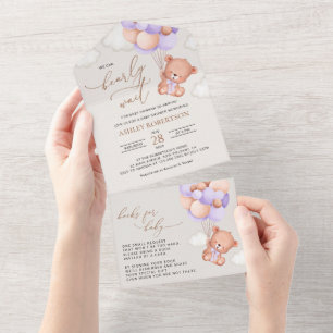 Invitation Tout En Un Ours, Ours mignon, Ballons pourpres, Baby shower