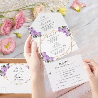 Invitation Tout En Un Paillettes dorées Géométrique Fleurs violettes Mar