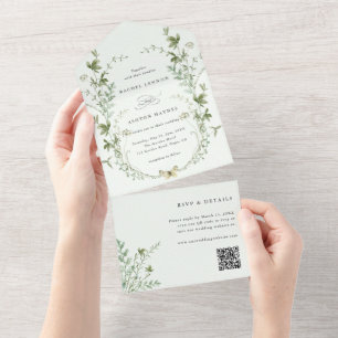 Invitation Tout En Un Pale Green Elegant Fleur sauvage QR Code Mariage