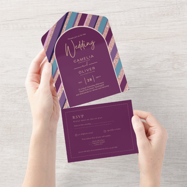 Invitation Tout En Un Palette Plum violet Rose Mariage or  (Déchirure)