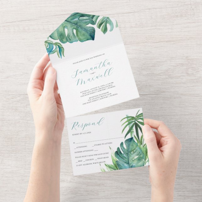 Invitation Tout En Un Palm Tropical Mariage moderne tout en une invitati (Déchirure)