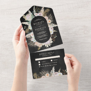 Invitation Tout En Un Palm Tropical Pampas Grass Floral Mariage noir