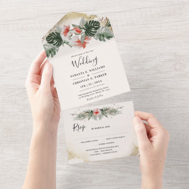 Invitation Tout En Un Palme tropicale | Mariage de Monstera Beach (Déchirure)