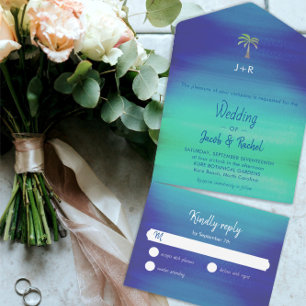 Invitation Tout En Un Palme tropicale Muté Bleu Vert Plage Mariage Océan