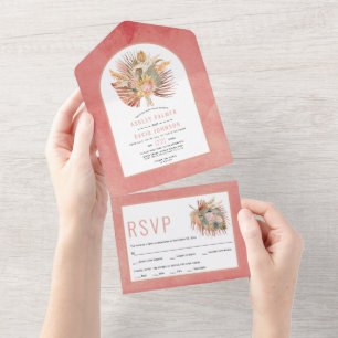 Invitation Tout En Un Palmiers séchés et pampas mariage rose pâle tout d